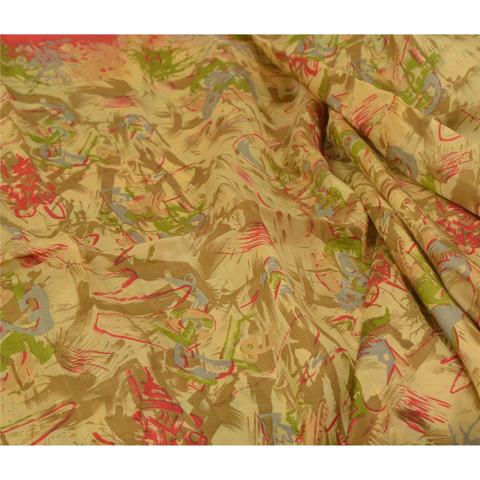 Sanskriti Vintage Fawn Indian Sarees 100% Pure Silk Printed Sari Craft Fabric, PR-55959-Fawn-Pure Silk-1