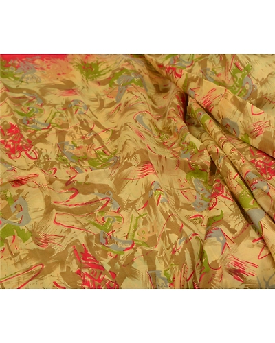 Sanskriti Vintage Fawn Indian Sarees 100% Pure Silk Printed Sari Craft Fabric, PR-55959-Fawn-Pure Silk-1