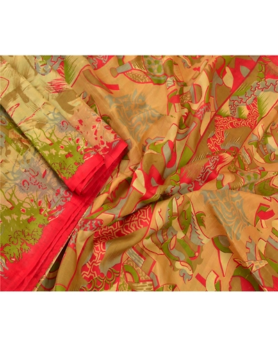 Sanskriti Vintage Fawn Indian Sarees 100% Pure Silk Printed Sari Craft Fabric, PR-55959-Fawn-Pure Silk-2