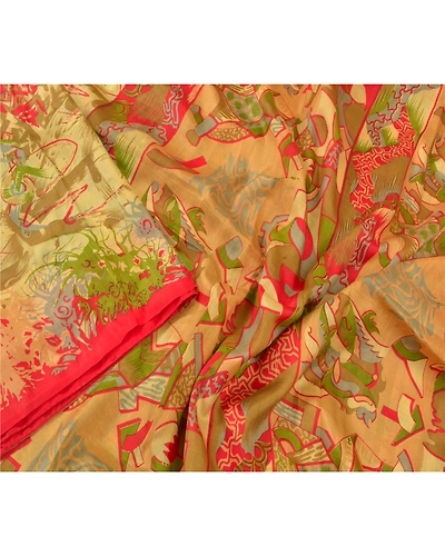 Sanskriti Vintage Fawn Indian Sarees 100% Pure Silk Printed Sari Craft Fabric, PR-55959-Fawn-Pure Silk-3