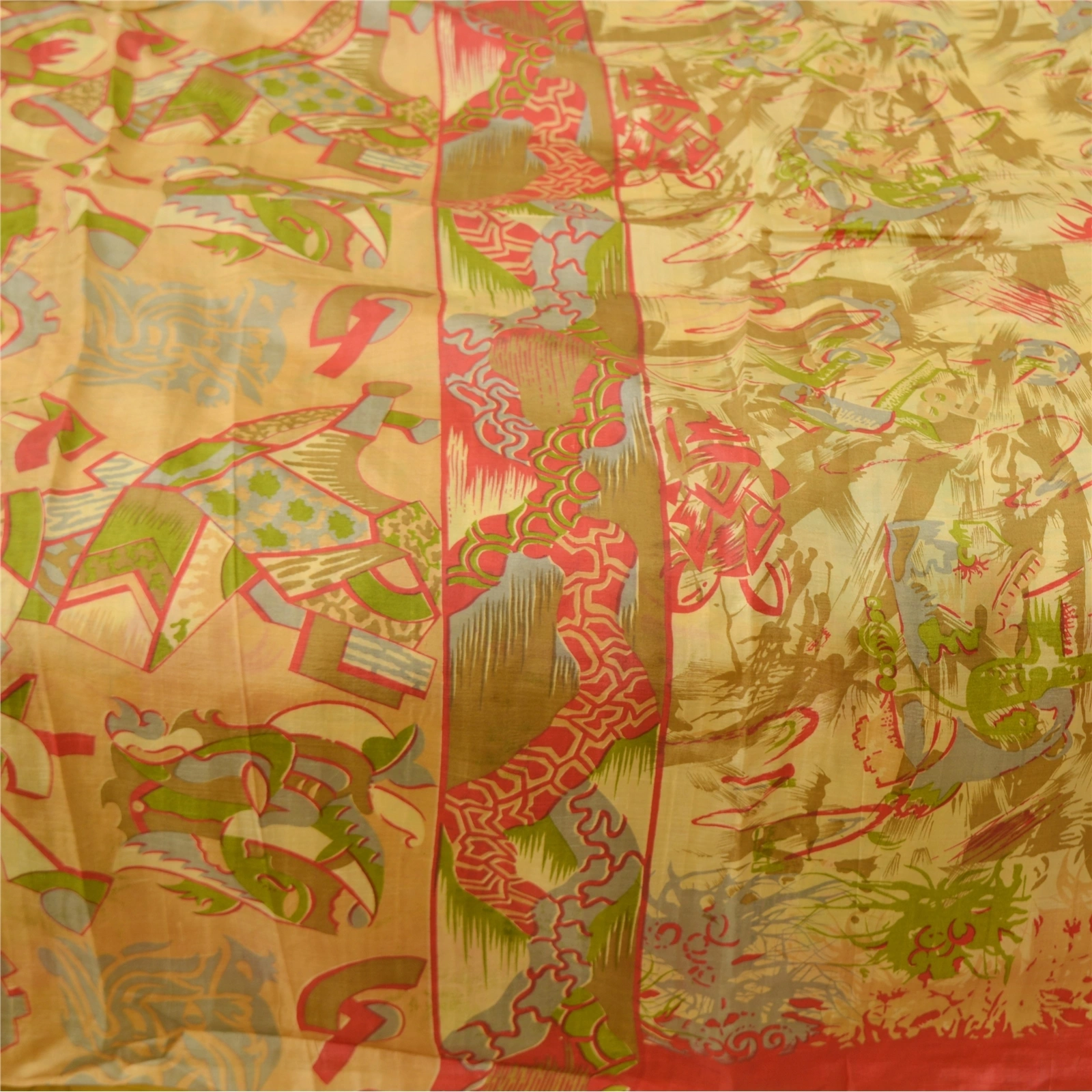 Sanskriti Vintage Fawn Indian Sarees 100% Pure Silk Printed Sari Craft Fabric, PR-55959-Fawn-Pure Silk-4