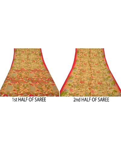 Sanskriti Vintage Fawn Indian Sarees 100% Pure Silk Printed Sari Craft Fabric, PR-55959-Fawn-Pure Silk-5