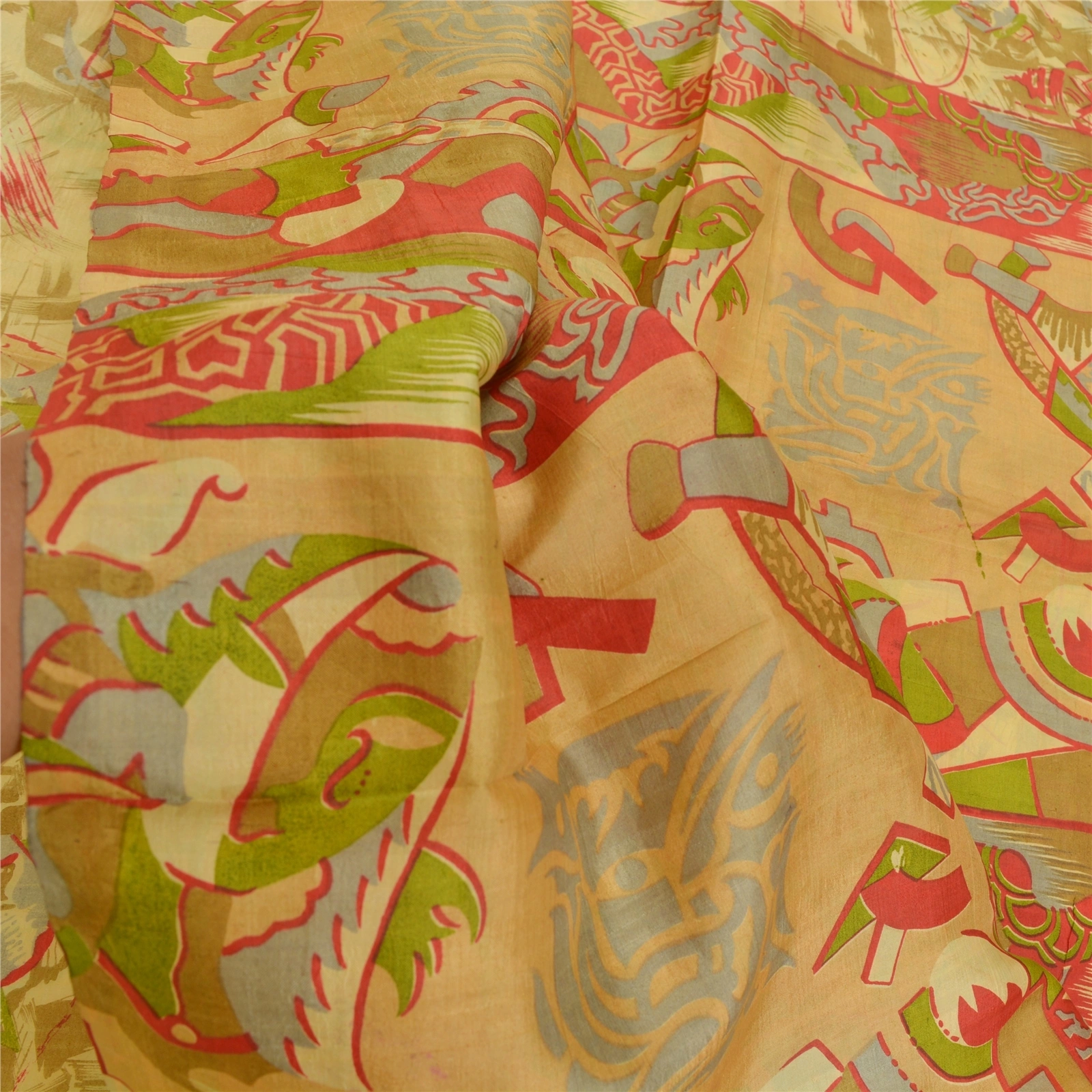 Sanskriti Vintage Fawn Indian Sarees 100% Pure Silk Printed Sari Craft Fabric, PR-55959-Fawn-Pure Silk-6