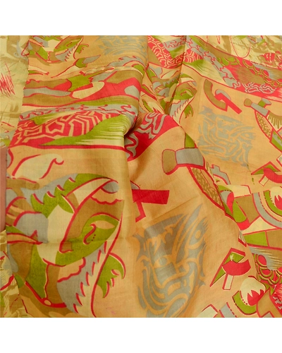 Sanskriti Vintage Fawn Indian Sarees 100% Pure Silk Printed Sari Craft Fabric, PR-55959-Fawn-Pure Silk-6