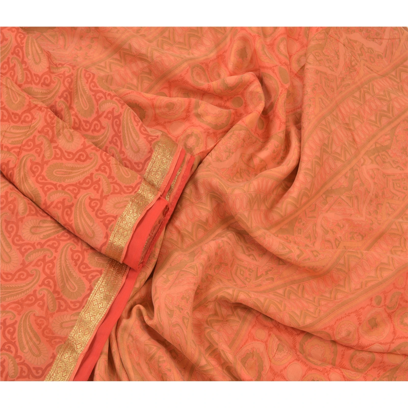 Sanskriti Vintage Peach Indian Sarees 100% Pure Silk Printed Sari Craft Fabric, PR-56009-Peach-Pure Silk-1