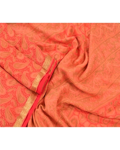 Sanskriti Vintage Peach Indian Sarees 100% Pure Silk Printed Sari Craft Fabric, PR-56009-Peach-Pure Silk-1