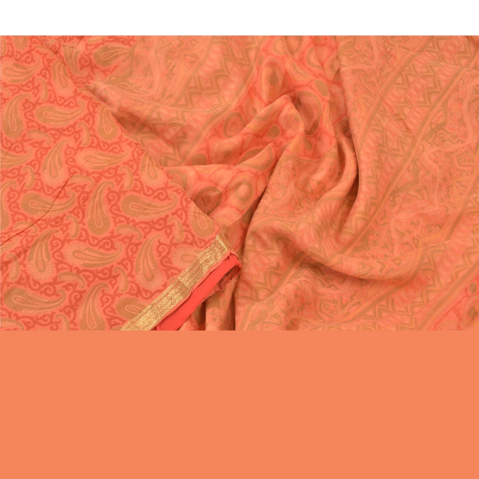 Sanskriti Vintage Peach Indian Sarees 100% Pure Silk Printed Sari Craft Fabric, PR-56009-Peach-Pure Silk-2