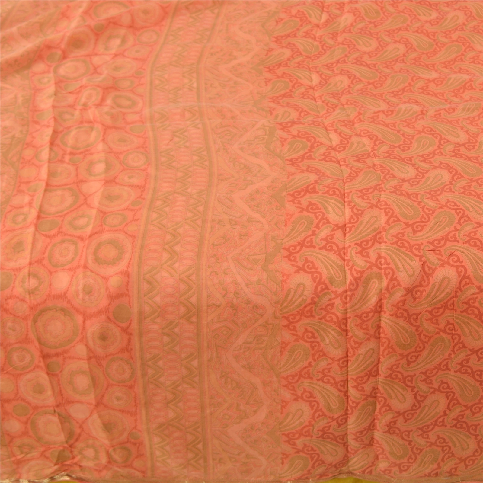 Sanskriti Vintage Peach Indian Sarees 100% Pure Silk Printed Sari Craft Fabric, PR-56009-Peach-Pure Silk-3