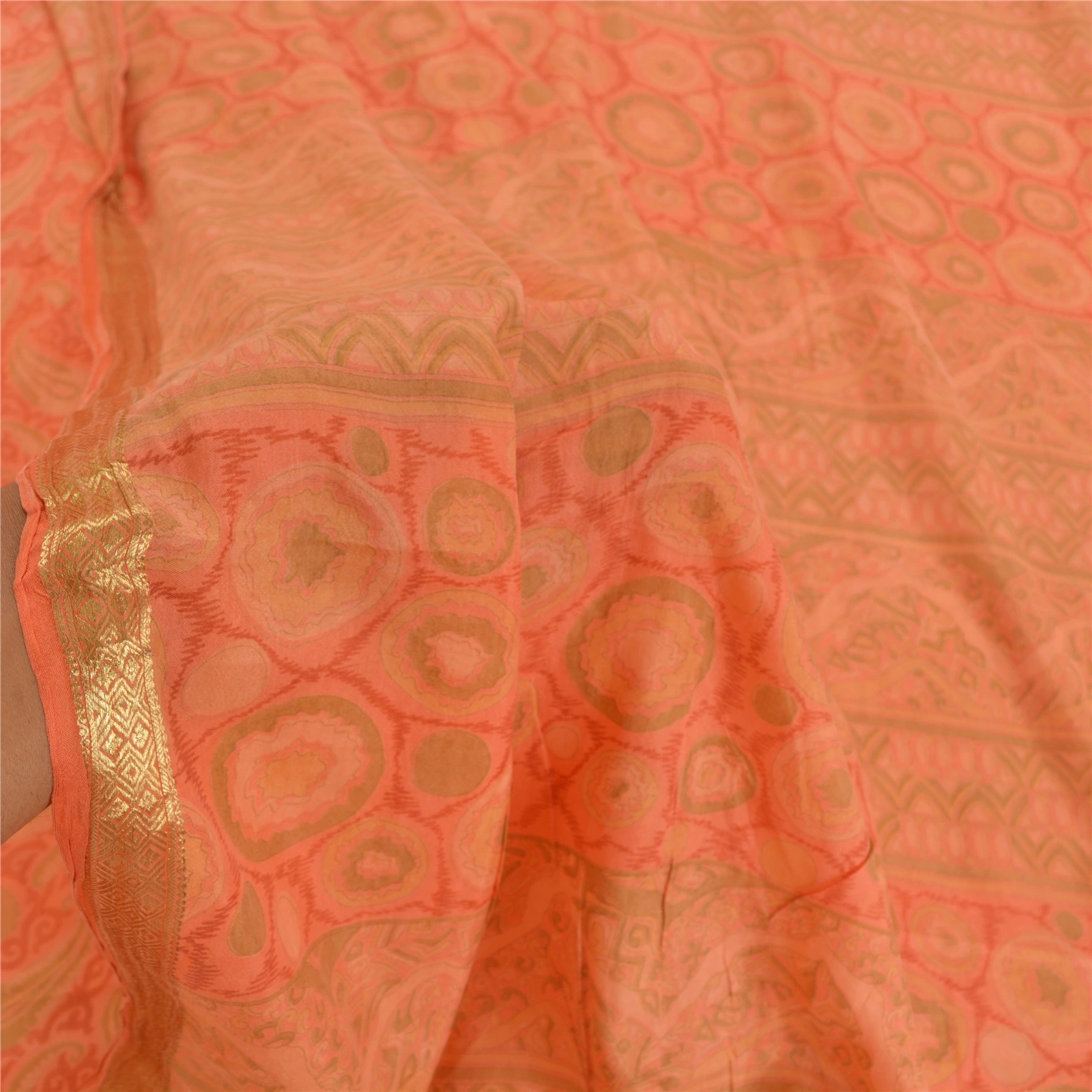 Sanskriti Vintage Peach Indian Sarees 100% Pure Silk Printed Sari Craft Fabric, PR-56009-Peach-Pure Silk-5