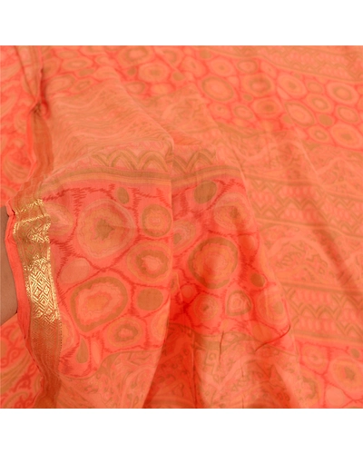 Sanskriti Vintage Peach Indian Sarees 100% Pure Silk Printed Sari Craft Fabric, PR-56009-Peach-Pure Silk-5