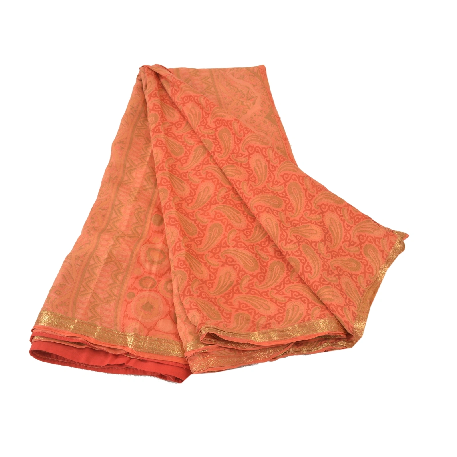 Sanskriti Vintage Peach Indian Sarees 100% Pure Silk Printed Sari Craft Fabric, PR-56009-Peach-Pure Silk-6