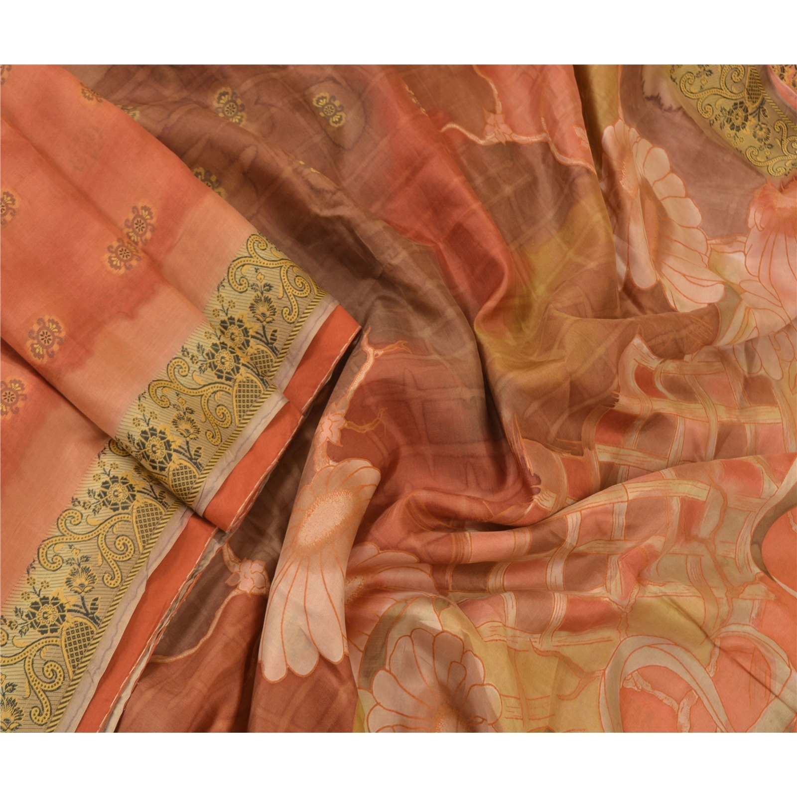 Sanskriti Vintage Shade Of Rust Indian Sarees Pure Silk Printed Sari Craft Fabric, PR-56013-Shade Of Rust-Printed Floral Design-Pure Silk-2