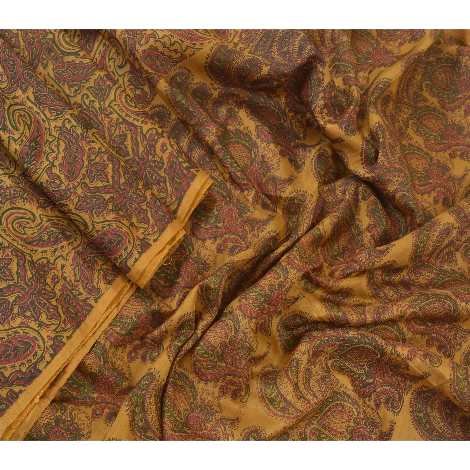 Sanskriti Vintage Golden Mustard Indian Sarees Pure Silk Printed Sari Craft Fabric, PR-56019-Golden Mustard-Printed Floral Design-Pure Silk-1