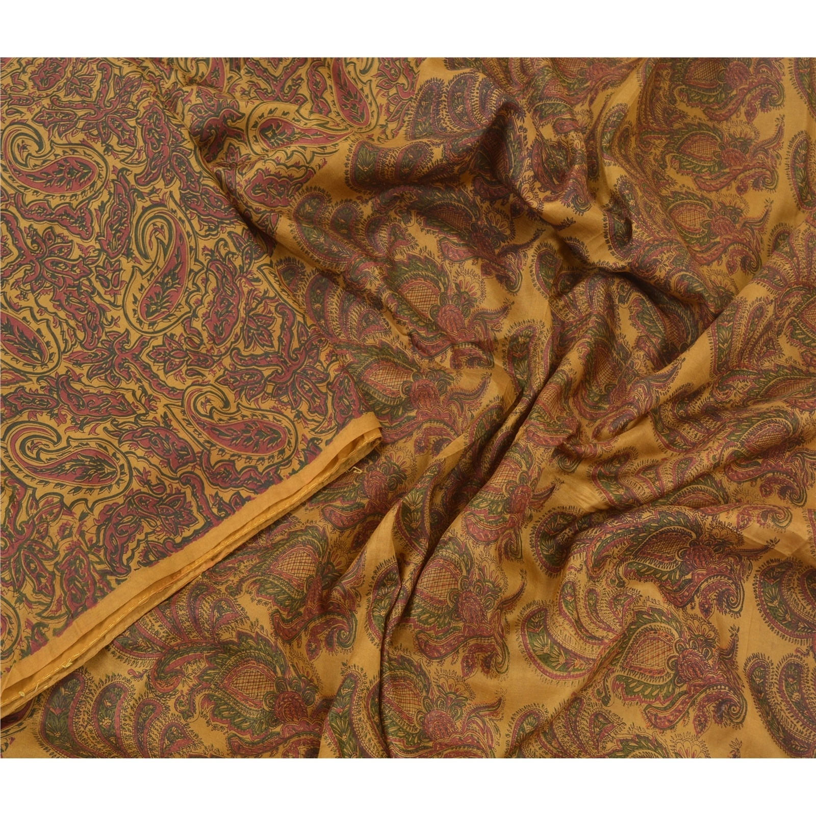 Sanskriti Vintage Golden Mustard Indian Sarees Pure Silk Printed Sari Craft Fabric, PR-56019-Golden Mustard-Printed Floral Design-Pure Silk-2