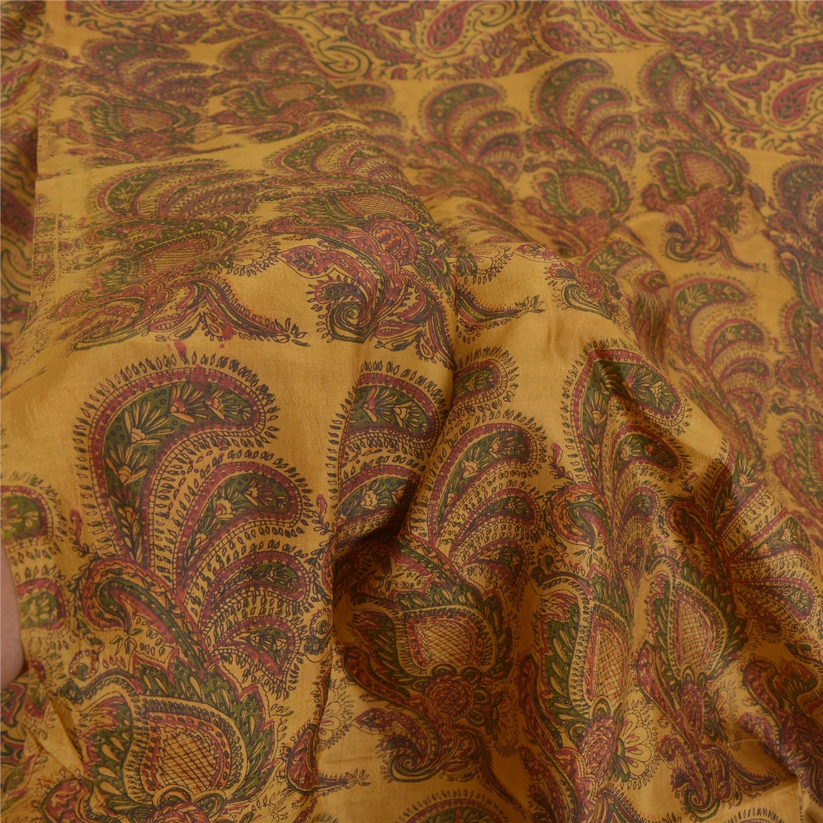 Sanskriti Vintage Golden Mustard Indian Sarees Pure Silk Printed Sari Craft Fabric, PR-56019-Golden Mustard-Printed Floral Design-Pure Silk-5