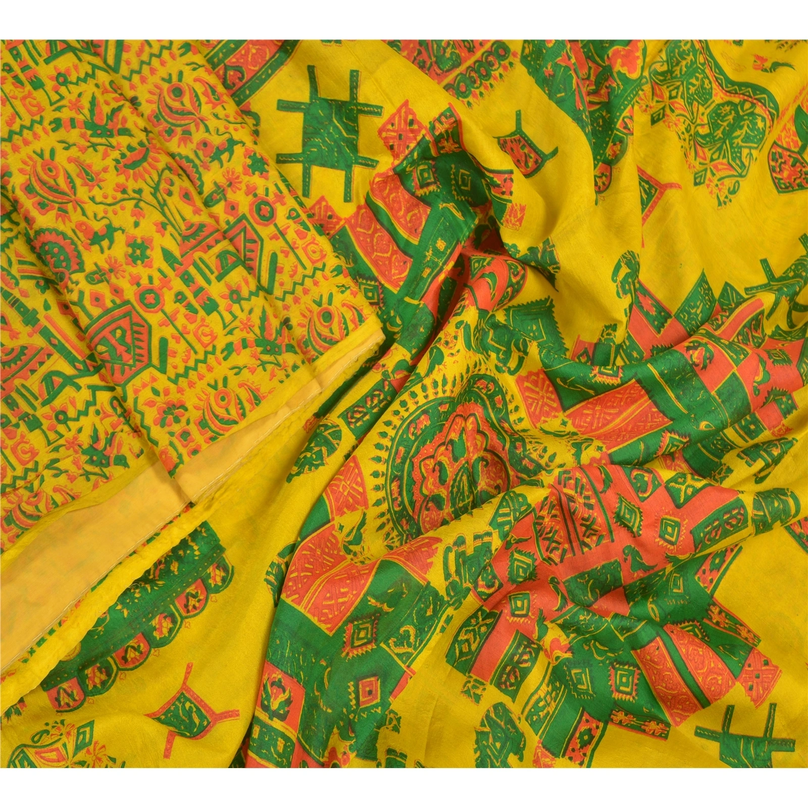 Sanskriti Vintage Yellow Indian Sarees 100% Pure Silk Printed Sari Craft Fabric, PR-56075-Yellow-Pure Silk-2