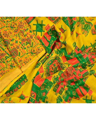 Sanskriti Vintage Yellow Indian Sarees 100% Pure Silk Printed Sari Craft Fabric, PR-56075-Yellow-Pure Silk-2