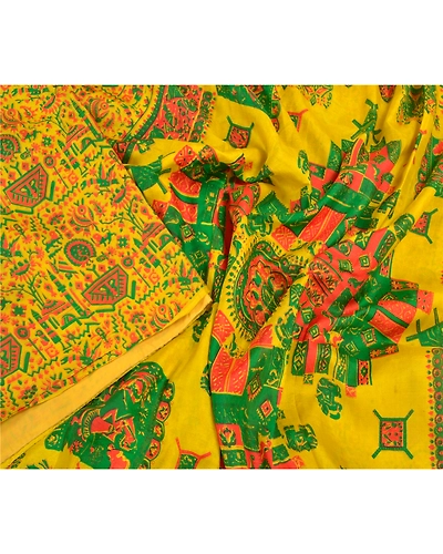 Sanskriti Vintage Yellow Indian Sarees 100% Pure Silk Printed Sari Craft Fabric, PR-56075-Yellow-Pure Silk-3