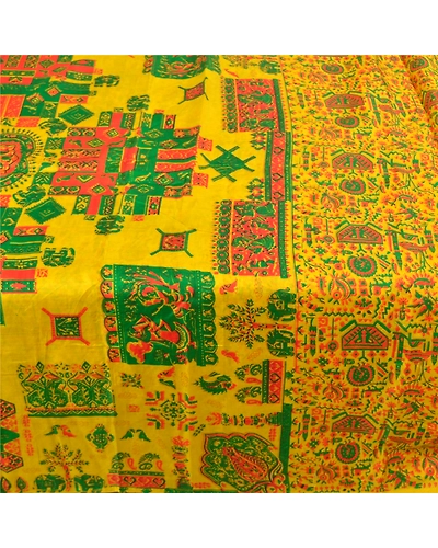 Sanskriti Vintage Yellow Indian Sarees 100% Pure Silk Printed Sari Craft Fabric, PR-56075-Yellow-Pure Silk-4