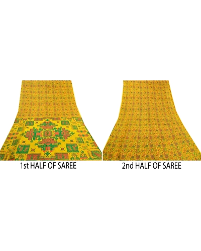 Sanskriti Vintage Yellow Indian Sarees 100% Pure Silk Printed Sari Craft Fabric, PR-56075-Yellow-Pure Silk-5