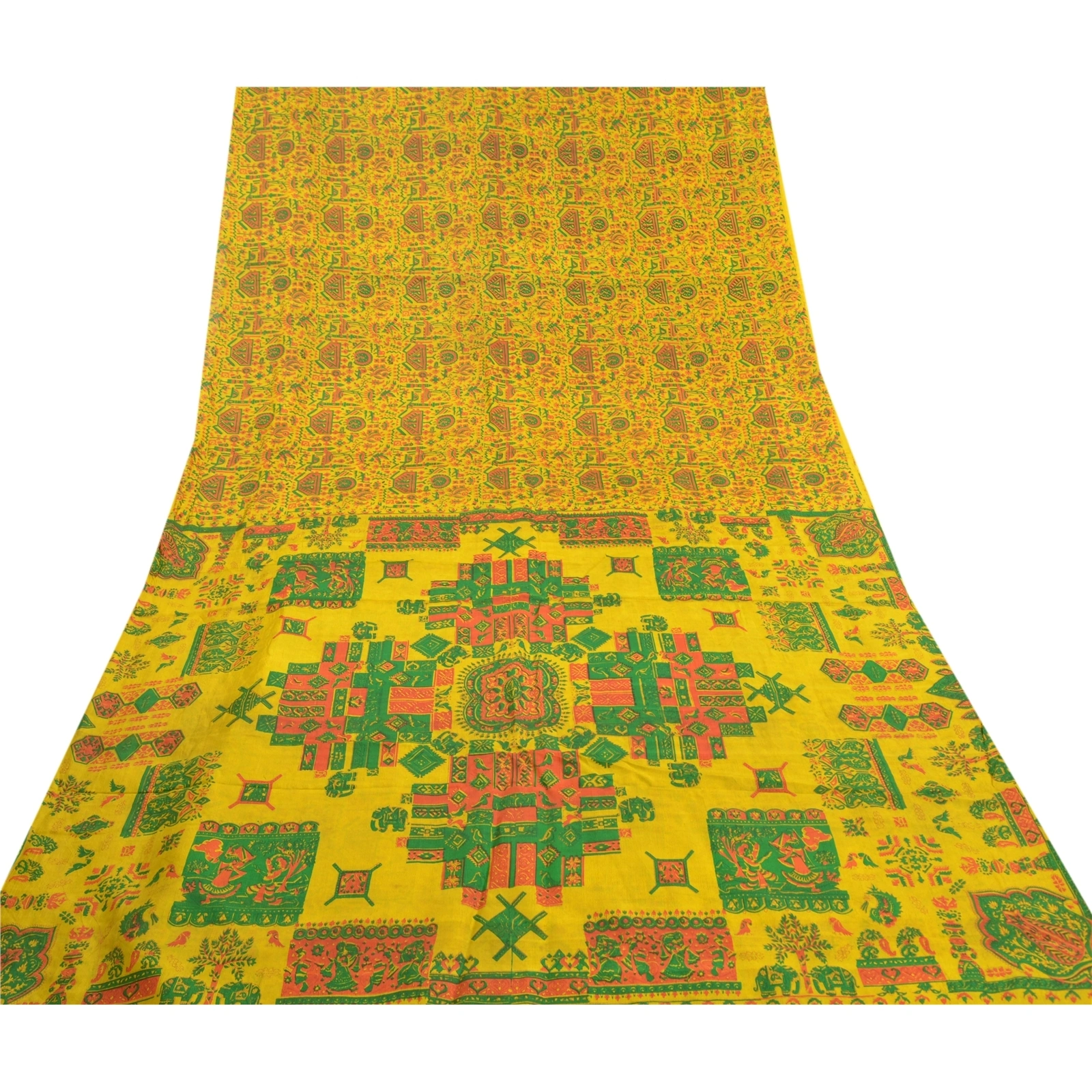 Sanskriti Vintage Yellow Indian Sarees 100% Pure Silk Printed Sari Craft Fabric, PR-56075-Yellow-Pure Silk-8