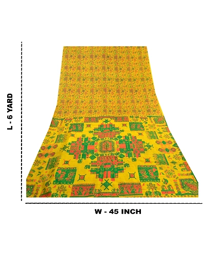 Sanskriti Vintage Yellow Indian Sarees 100% Pure Silk Printed Sari Craft Fabric, PR-56075-Yellow-Pure Silk-9