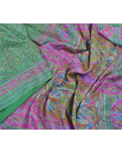Sanskriti Vintage Green Indian Sarees 100% Pure Silk Printed Sari Craft Fabric, PR-56096-Green-Pure Silk-3