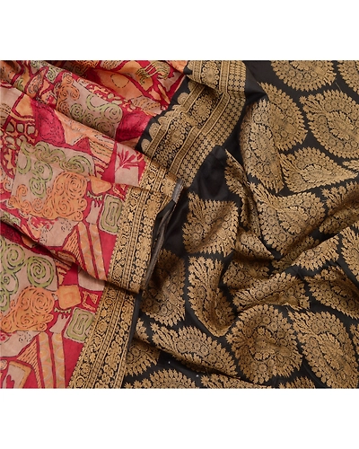 Sanskriti Vintage Red Sarees Pure Silk Printed Woven Sari 5Yd Soft Craft Fabric, PR-56130-Red-Printed Floral Design-Pure Silk-2