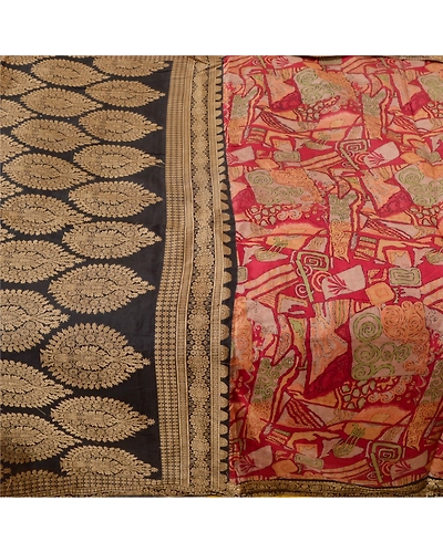 Sanskriti Vintage Red Sarees Pure Silk Printed Woven Sari 5Yd Soft Craft Fabric, PR-56130-Red-Printed Floral Design-Pure Silk-4