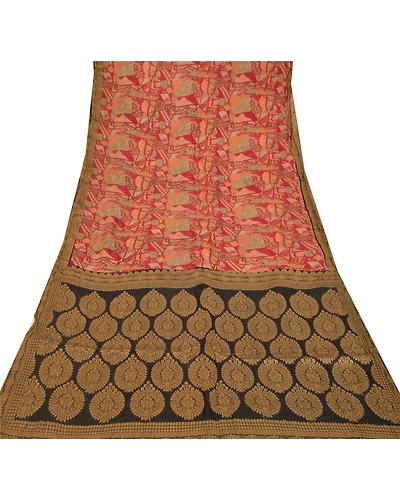 Sanskriti Vintage Red Sarees Pure Silk Printed Woven Sari 5Yd Soft Craft Fabric, PR-56130-Red-Printed Floral Design-Pure Silk-8
