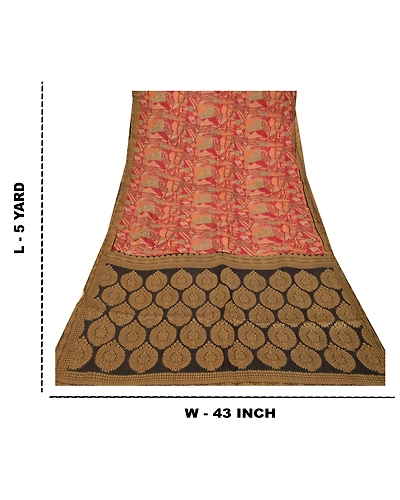 Sanskriti Vintage Red Sarees Pure Silk Printed Woven Sari 5Yd Soft Craft Fabric, PR-56130-Red-Printed Floral Design-Pure Silk-9