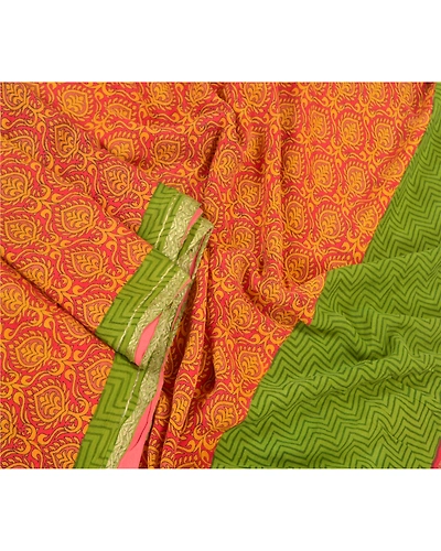 Sanskriti Vintage Red Sarees Pure Silk Printed Zari Woven Sari Soft Craft Fabric, PR-56200-Red-Printed Floral Design-Pure Silk-2
