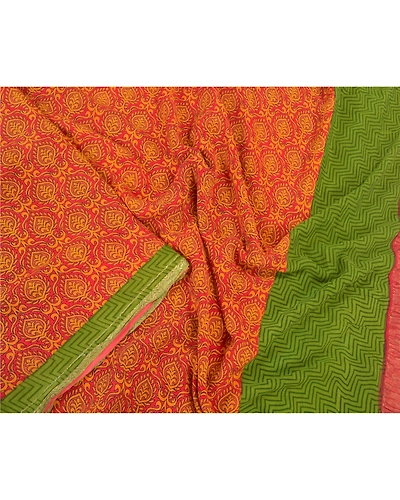 Sanskriti Vintage Red Sarees Pure Silk Printed Zari Woven Sari Soft Craft Fabric, PR-56200-Red-Printed Floral Design-Pure Silk-3