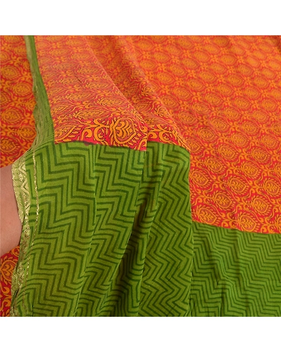 Sanskriti Vintage Red Sarees Pure Silk Printed Zari Woven Sari Soft Craft Fabric, PR-56200-Red-Printed Floral Design-Pure Silk-6