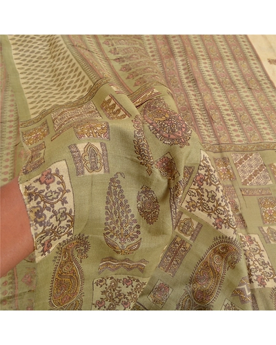 Sanskriti Vintage Green Sarees 100% Pure Silk Printed Sari Soft 5Yd Craft Fabric, PR-56222-Green-Printed Floral Design-Pure Silk-6