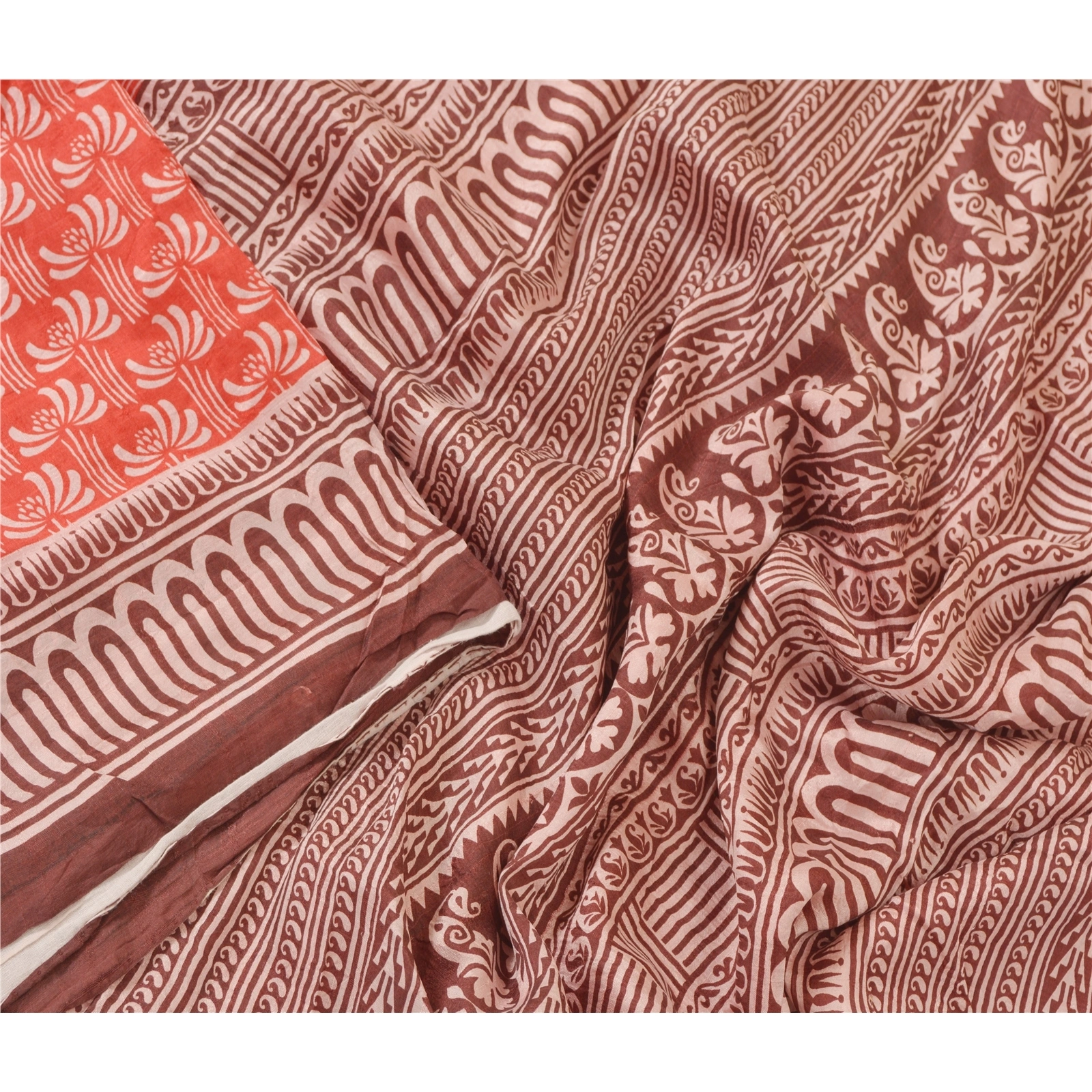 Sanskriti Vintage Red Indian Sarees Pure Silk Printed Sari 5Yd Soft Craft Fabric, PR-56250-Red-Printed Floral Design-Pure Silk-3