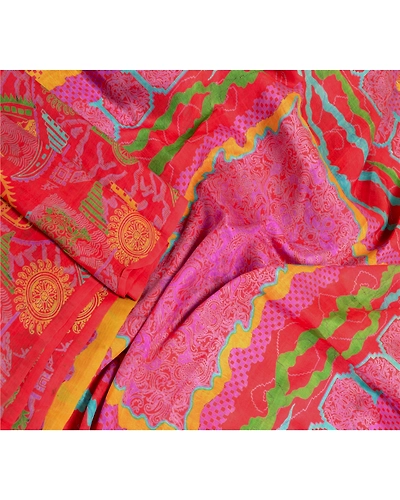 Sanskriti Vintage Red Sarees 100% Pure Silk Printed Sari Floral 5Yd Craft Fabric, PR-56291-Red-Printed Floral Design-Pure Silk-1