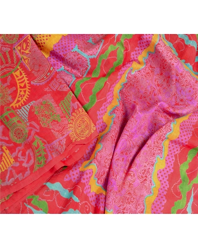 Sanskriti Vintage Red Sarees 100% Pure Silk Printed Sari Floral 5Yd Craft Fabric, PR-56291-Red-Printed Floral Design-Pure Silk-2