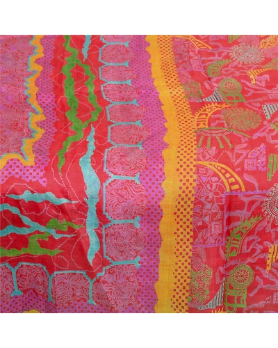 Sanskriti Vintage Red Sarees 100% Pure Silk Printed Sari Floral 5Yd Craft Fabric, PR-56291-Red-Printed Floral Design-Pure Silk-3