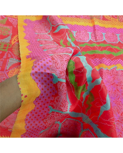 Sanskriti Vintage Red Sarees 100% Pure Silk Printed Sari Floral 5Yd Craft Fabric, PR-56291-Red-Printed Floral Design-Pure Silk-5