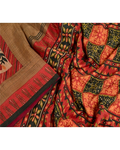 Sanskriti Vintage Dark Red Indian Sarees Pure Silk Printed Sari 5Yd Craft Fabric, PR-56323-Dark Red-Printed Floral Design-Pure Silk-3