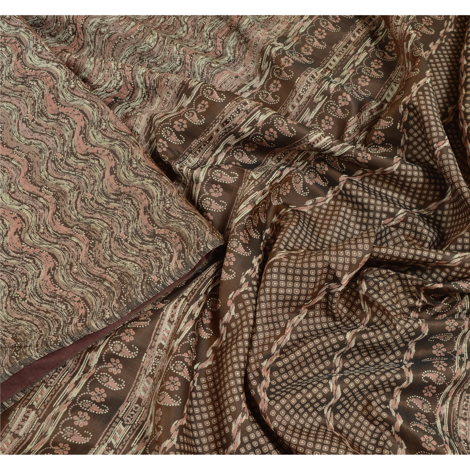 Sanskriti Vintage Indian Brown Sarees Pure Silk Printed Sari 5Yd Sewing Fabric, PR-56343-Brown-Printed Floral Design-Pure Silk-1