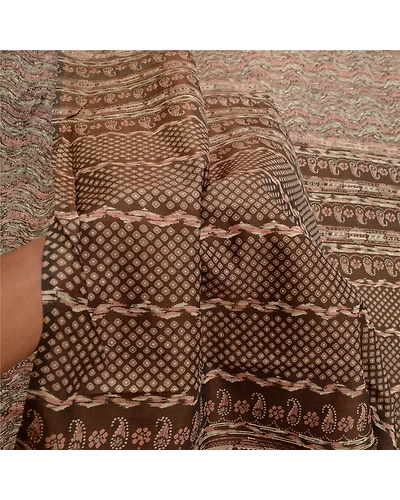Sanskriti Vintage Indian Brown Sarees Pure Silk Printed Sari 5Yd Sewing Fabric, PR-56343-Brown-Printed Floral Design-Pure Silk-5