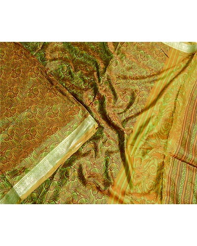 Sanskriti Vintage Green Sarees Pure Silk Printed Zari Border Sari Craft Fabric, PR-56427-Green-Printed Floral Design-Pure Silk-2