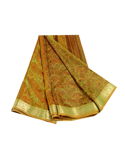 Sanskriti Vintage Green Sarees Pure Silk Printed Zari Border Sari Craft Fabric, PR-56427-Green-Printed Floral Design-Pure Silk-6