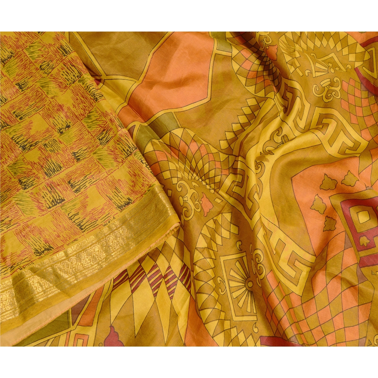 Sanskriti Vintage Green Sarees Pure Silk Printed Zari Border Sari Craft Fabric, PR-56428-Green-Printed Floral Design-Pure Silk-3