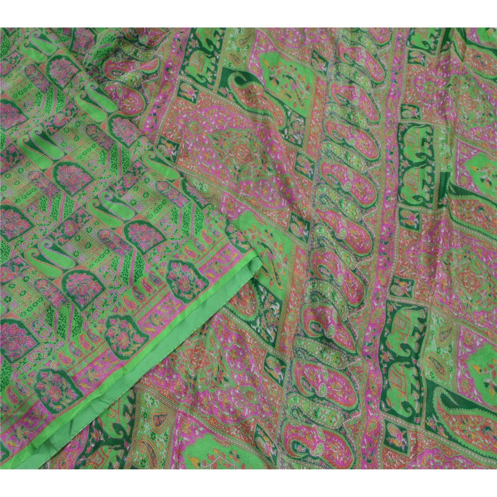 Sanskriti Vintage Green Sarees 100% Pure Silk Printed Sari 5Yd Soft Craft Fabric, PR-56613-Green-Printed Floral Design-Pure Silk-2