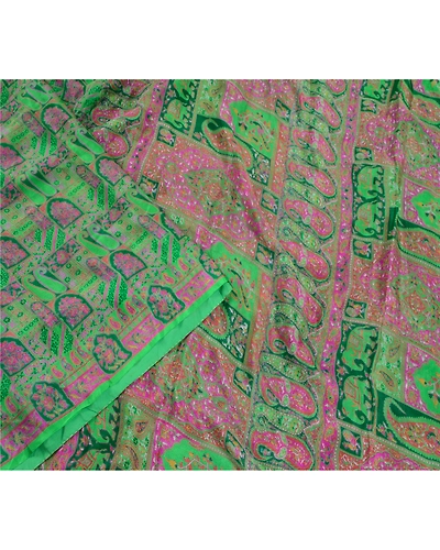 Sanskriti Vintage Green Sarees 100% Pure Silk Printed Sari 5Yd Soft Craft Fabric, PR-56613-Green-Printed Floral Design-Pure Silk-2