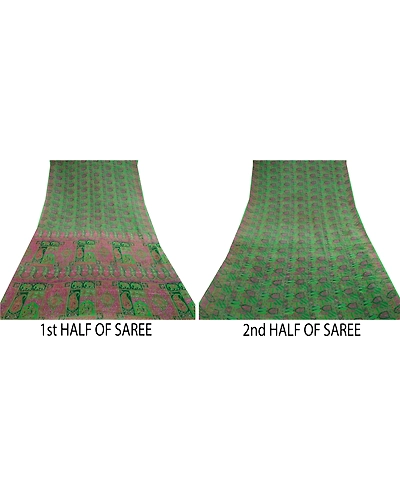 Sanskriti Vintage Green Sarees 100% Pure Silk Printed Sari 5Yd Soft Craft Fabric, PR-56613-Green-Printed Floral Design-Pure Silk-4
