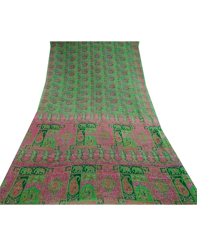 Sanskriti Vintage Green Sarees 100% Pure Silk Printed Sari 5Yd Soft Craft Fabric, PR-56613-Green-Printed Floral Design-Pure Silk-7